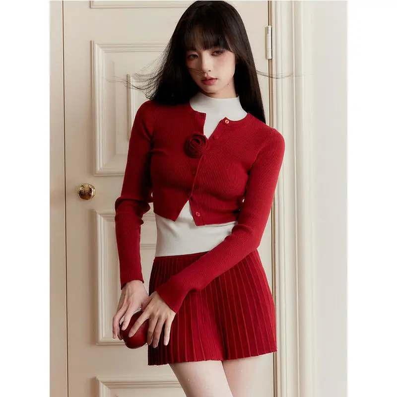 

Red Three-dimensional Flower Atmosphere Outfit Sweater Autumn Winter Fashion High-end Style Skirt Three-piece Suit Women Chic
