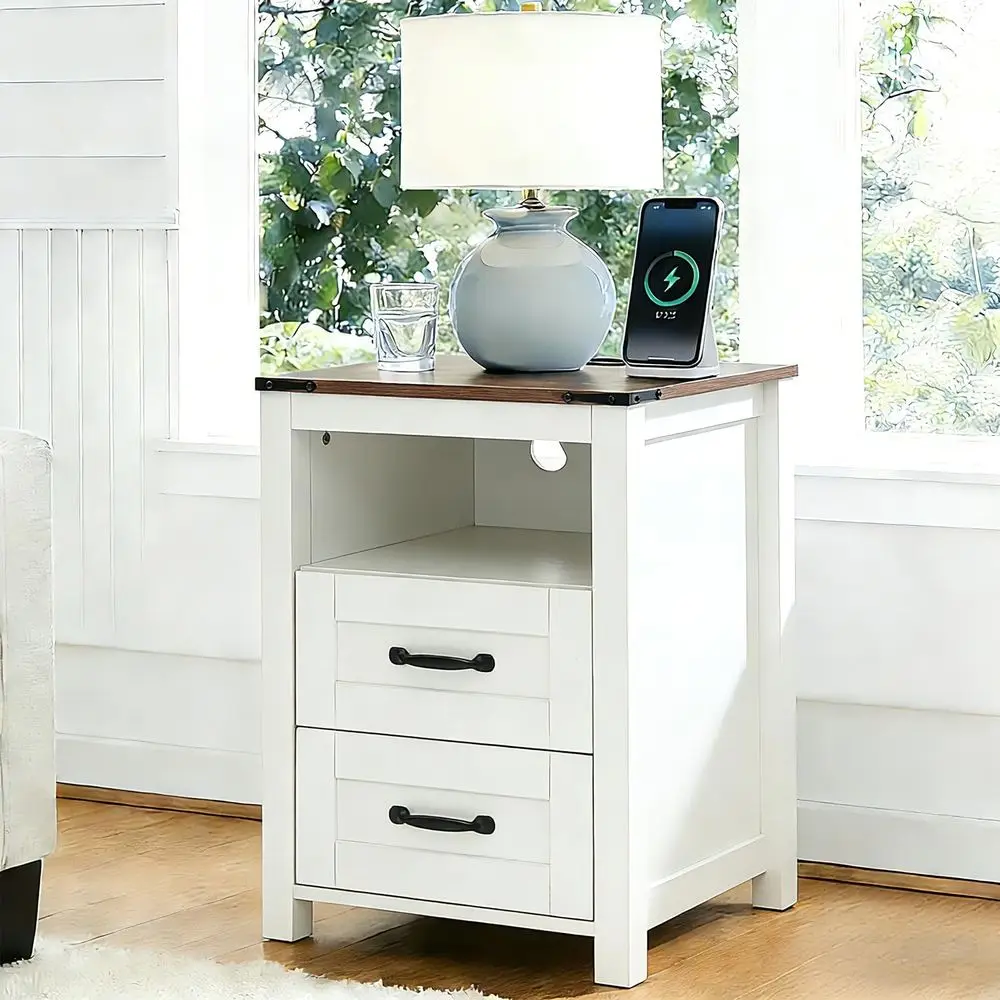 

Белая прикроватная тумбочка в деревенском стиле с зарядной станцией, тумбочка для спальни с ящиками