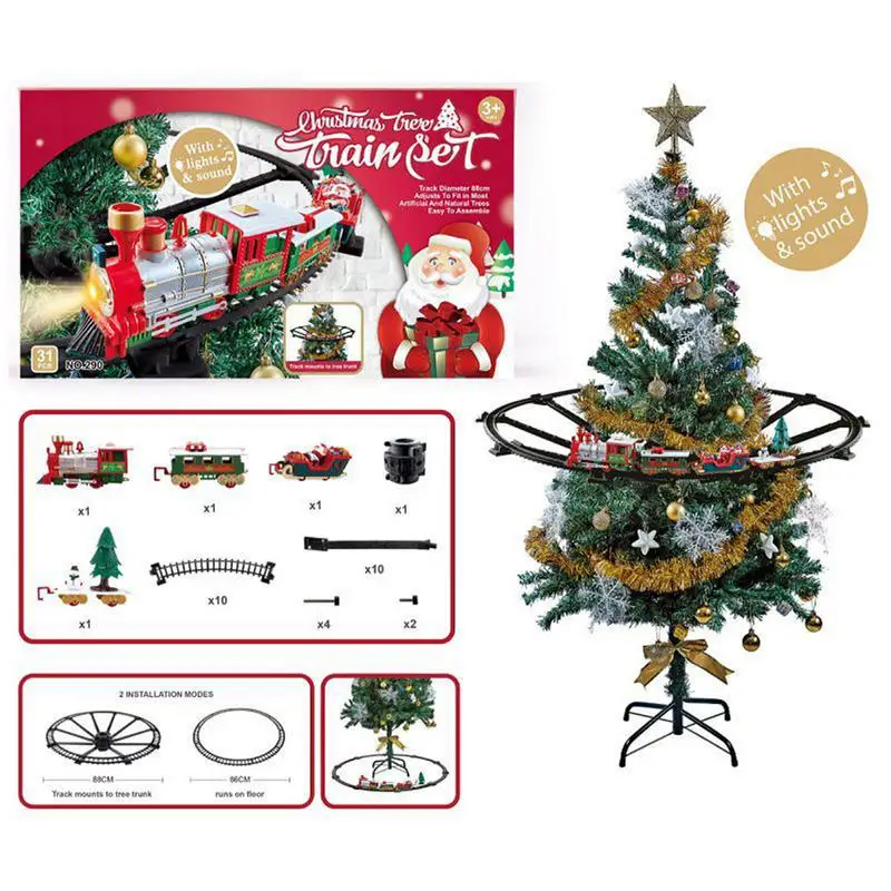 Electric Train Around Christmas Tree With Light & Sound Animated Train Set Easy Assemble Cars Railway Kits Toy For Boys Girls