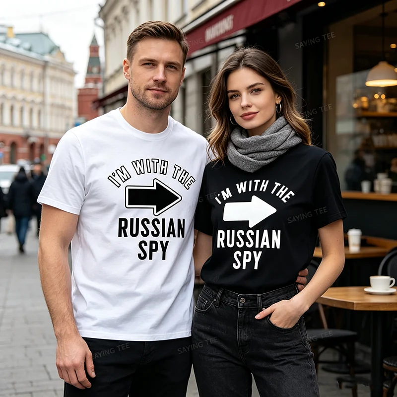 Halloween-Kostümshirts für Paare „Ich bin beim russischen Spion“ T-Shirt Y2K Persönlichkeitsdruck mit sarkastischem Spruch Neuheit – Detail 3