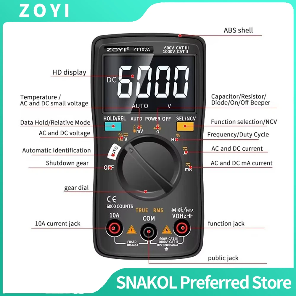 ZOYI ZT-102A 6000 Counts Auto-Ranging Digital Multimeter AC/DC Voltage Tester Transistor Meter Process Calibrator