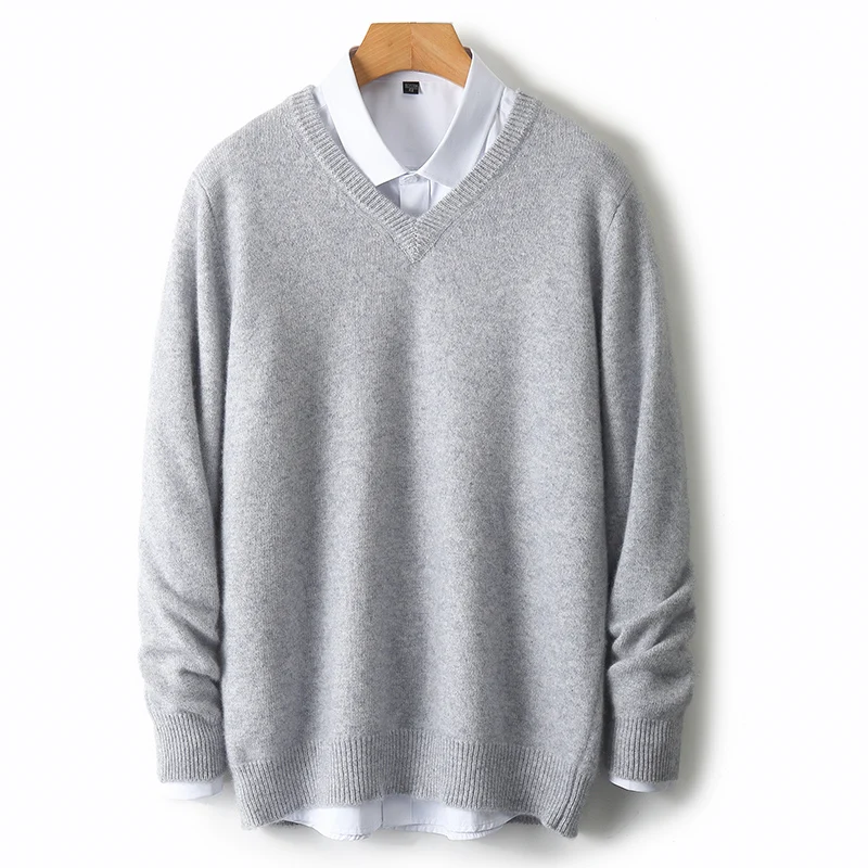 

100% Merino Wool V-Neck Casual Solid Color Fashion Basic Men's Sweater Pullover Cashmere Long Sleeves Clothing Comfort Warm Top