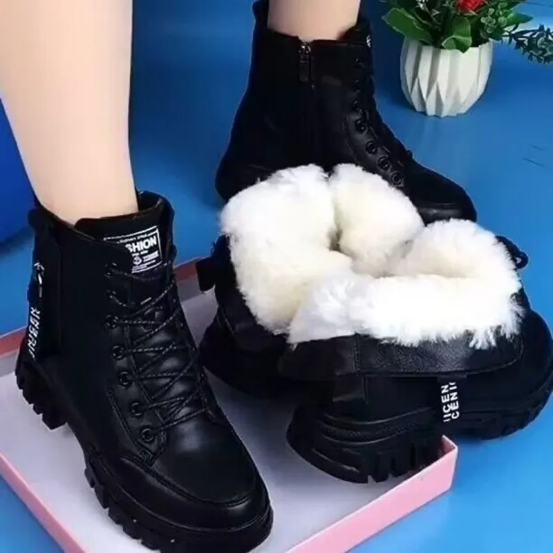 Women Cotton Boots  Black Plush Shoes Thick Sole Casual Sneakers Versatile Short Boots Side Zipper Boots Lace Up Non-slip Boot