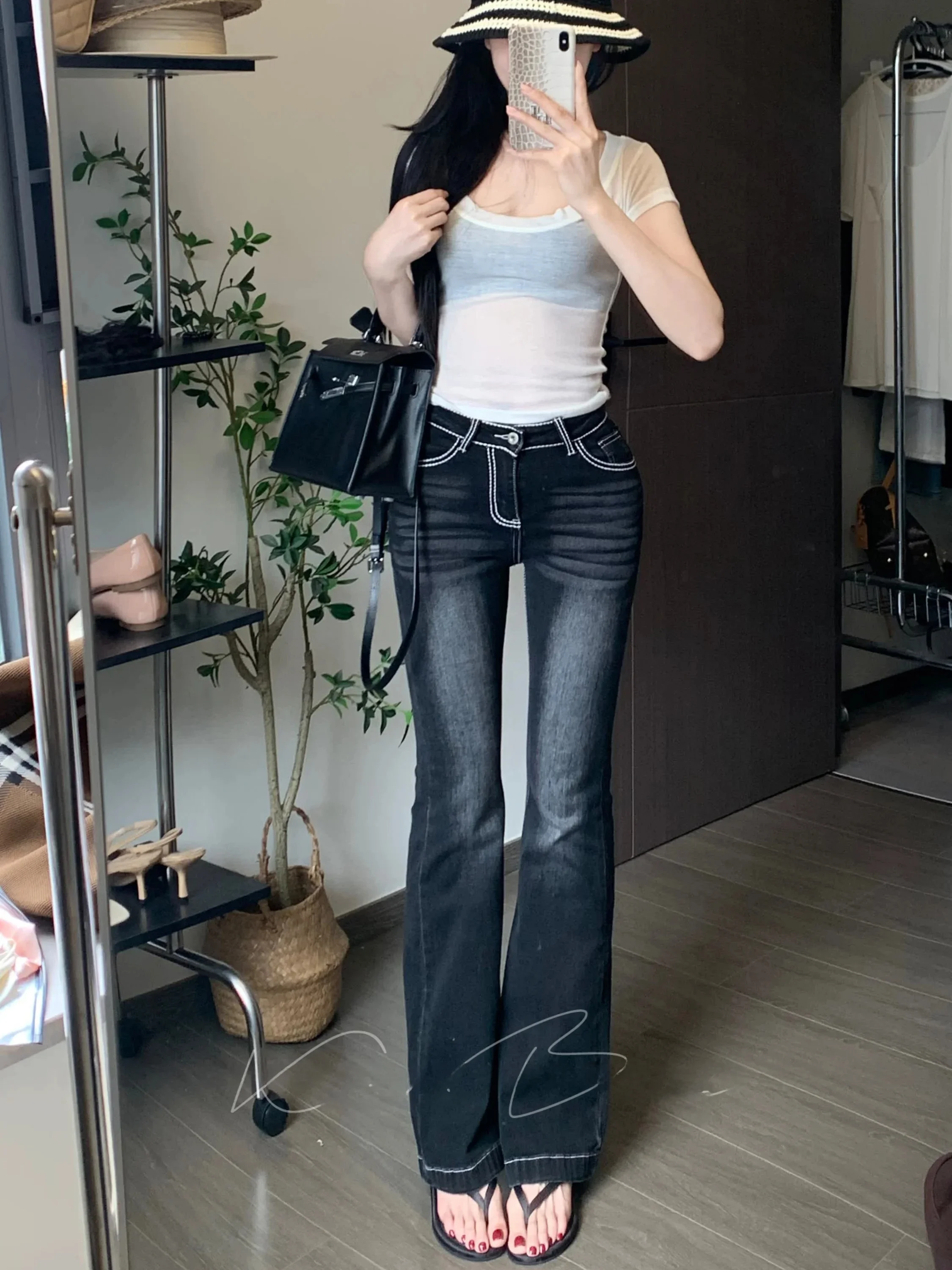 

Low Waist Flared Jeans Slimming Versatile Hot Girl Style Korean Version Slim Fit Summer Ladies High Elasticity Button Closure