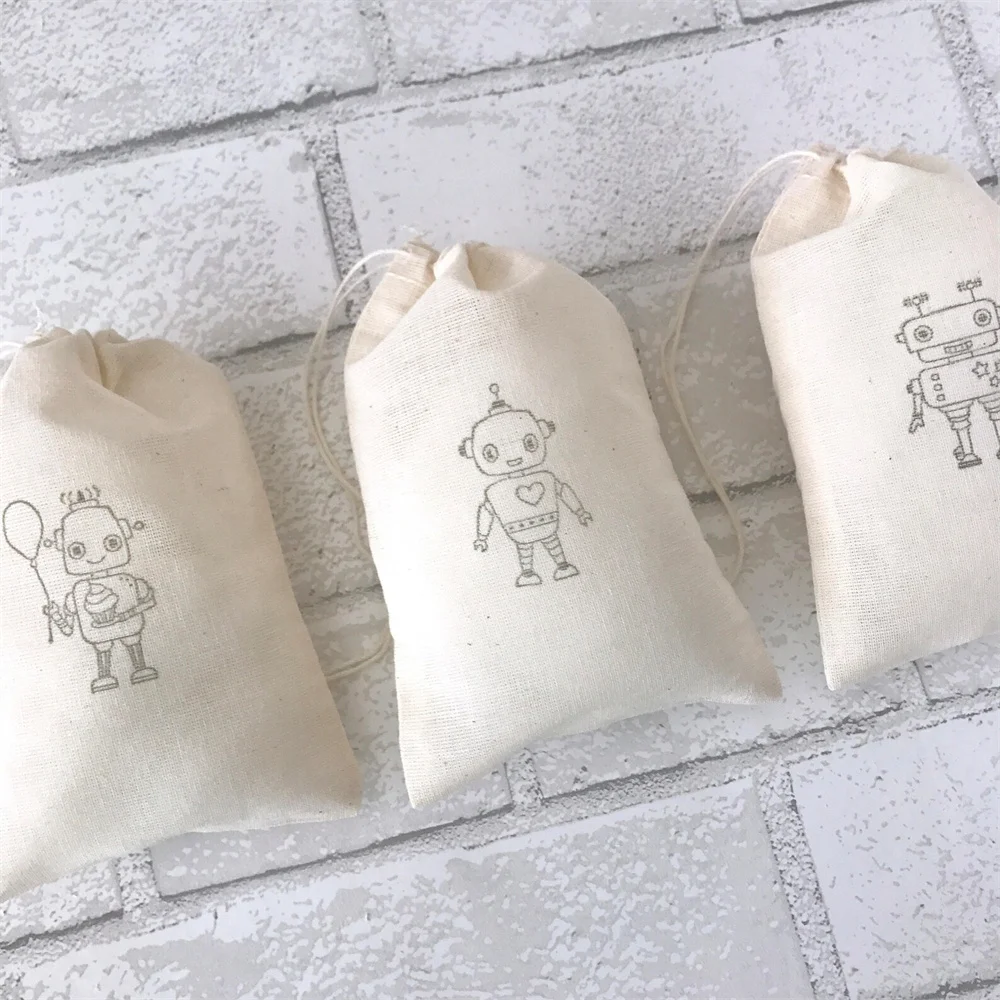 20PCS Robot Favor Bags Outer Space Party Bag Baby Shower Candy Goodie Bag Gift Bag Cloth Fabric Muslin