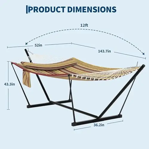 Double Hammock with Stand, 2 Person Outdoor Hammock, 450 Lb Capacity, Pillow Included, 12 ft Stand for Patio, Backyard
