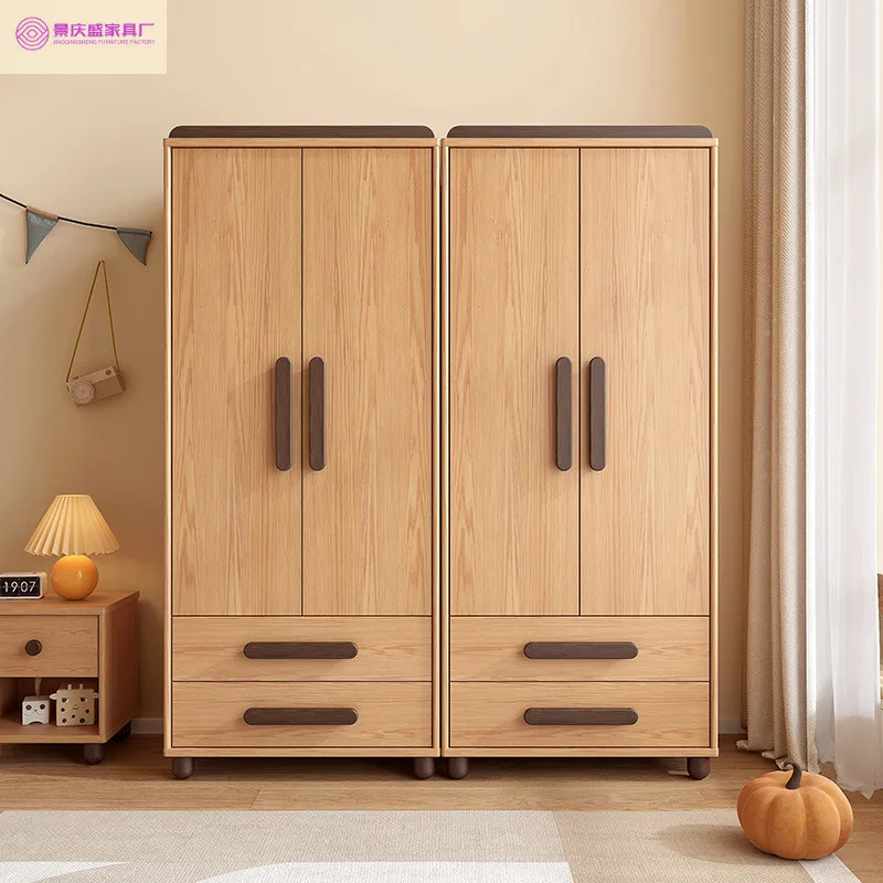 

New Chinese children's wardrobe solid wood bedroom home modern simple baby size apartment wardrobe double three door wardrobe
