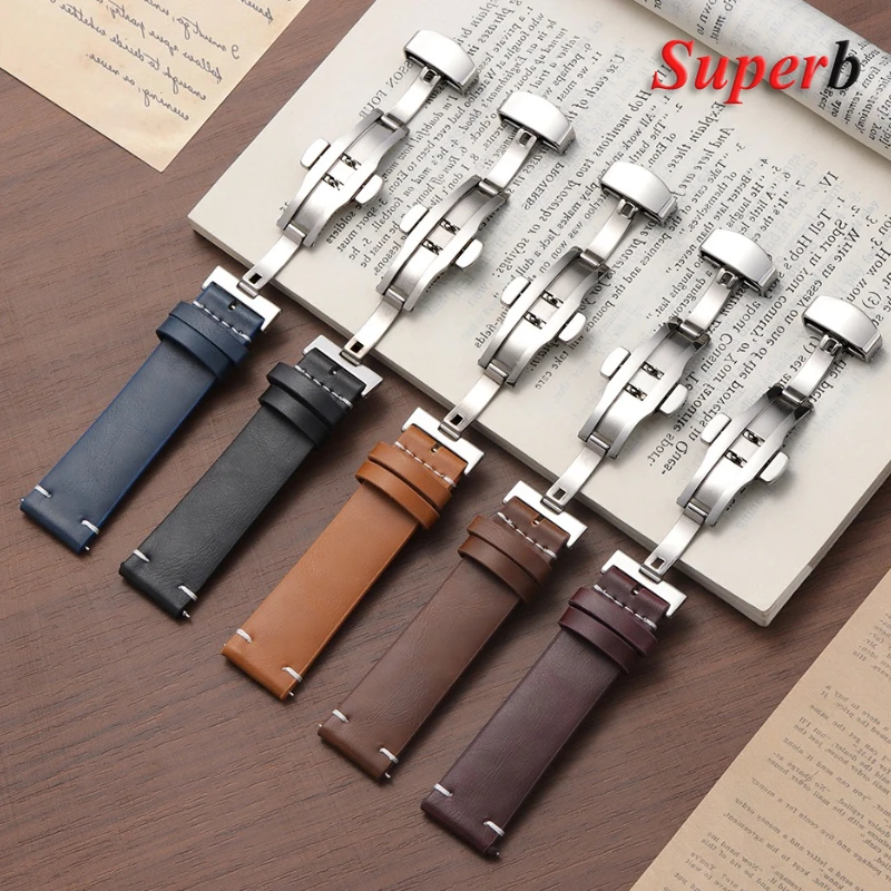 خمر النفط الشمع بولي Leather الجلود حزام الساعات 18 مللي متر 20 مللي متر 22 مللي متر معصمه خياطة حزام لأوميغا ل Seiko حزام (استيك) ساعة فراشة المشبك