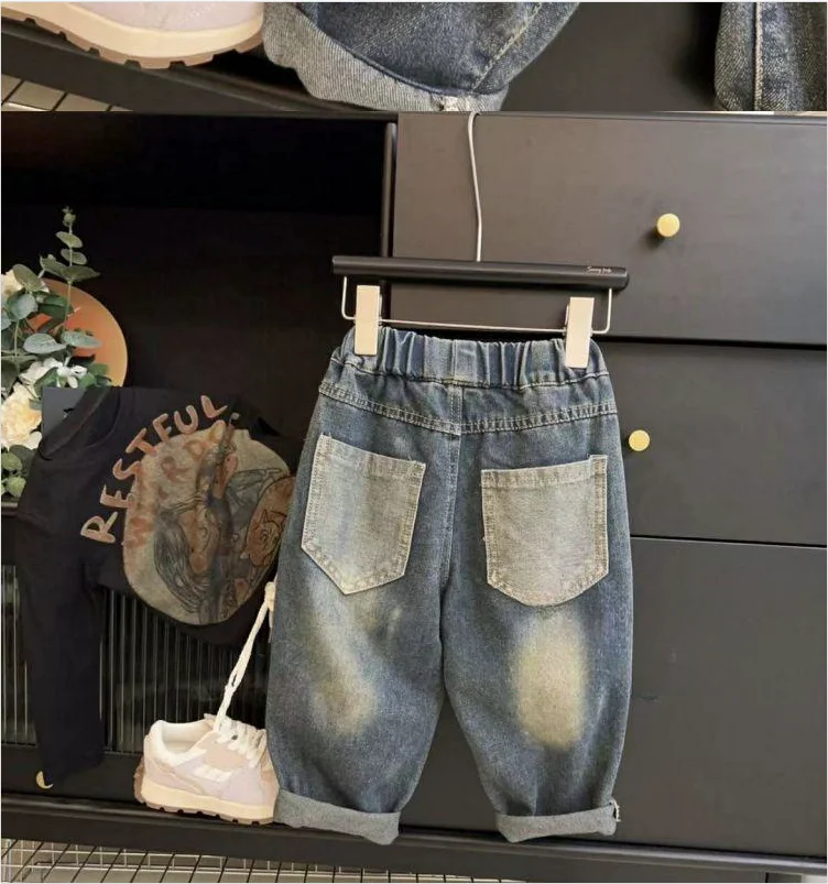 Children\'s Jeans Spring and Autumn Loose Boys and Girls Casual Straight Loose Pants Handsome Baby Outwear Pants