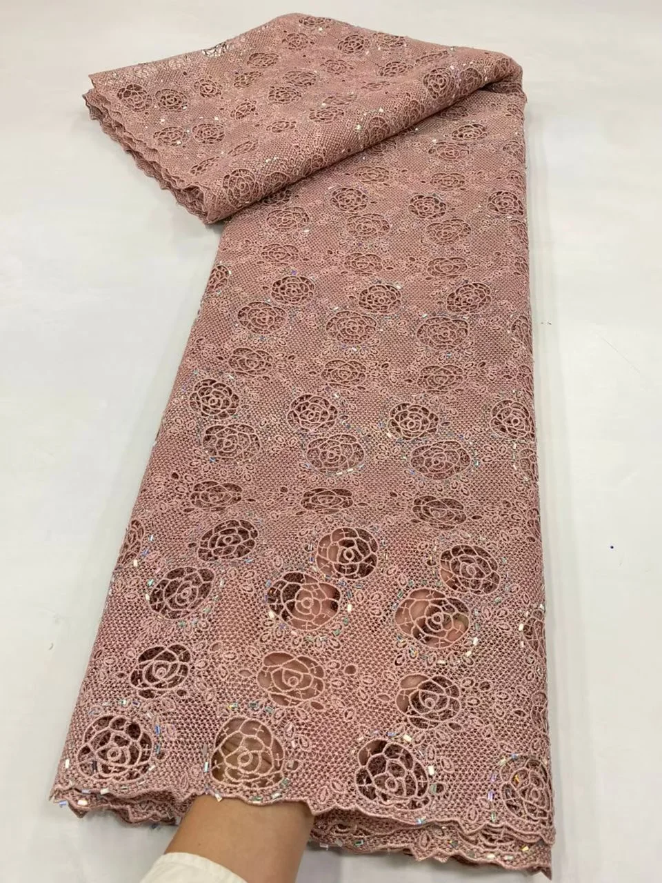 

2025 African Nigerian Tulle Lace Fabric High Quality Cotton Wedding Party Dress Sequins For Sewing Embroidery 5Yards JL535