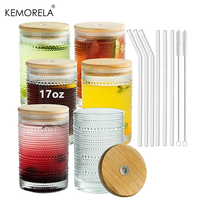 

6PCS Vintage Glasses Hobnail 17oz Jupiter Beaded Glassware Set Glass Cups With Bamboo Lids and Straws For Iced Coffee Cocktail