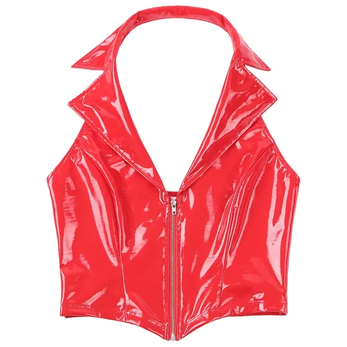 Imagen 2 del producto Chaleco de látex con escote en V profundo y cremallera frontal para mujer, Tops de charol brillante con solapa de muesca, chaleco ajustado, camisola de cuero PU