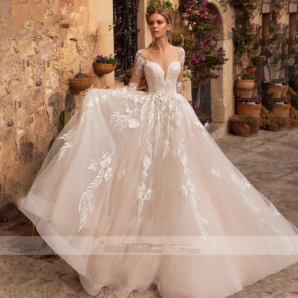 

Sexy V-neck Lace Appliques Tulle Wedding Dress 2022 Illusion Backless Long Sleeve Princess Boho Bride Lace Wedding Gowns