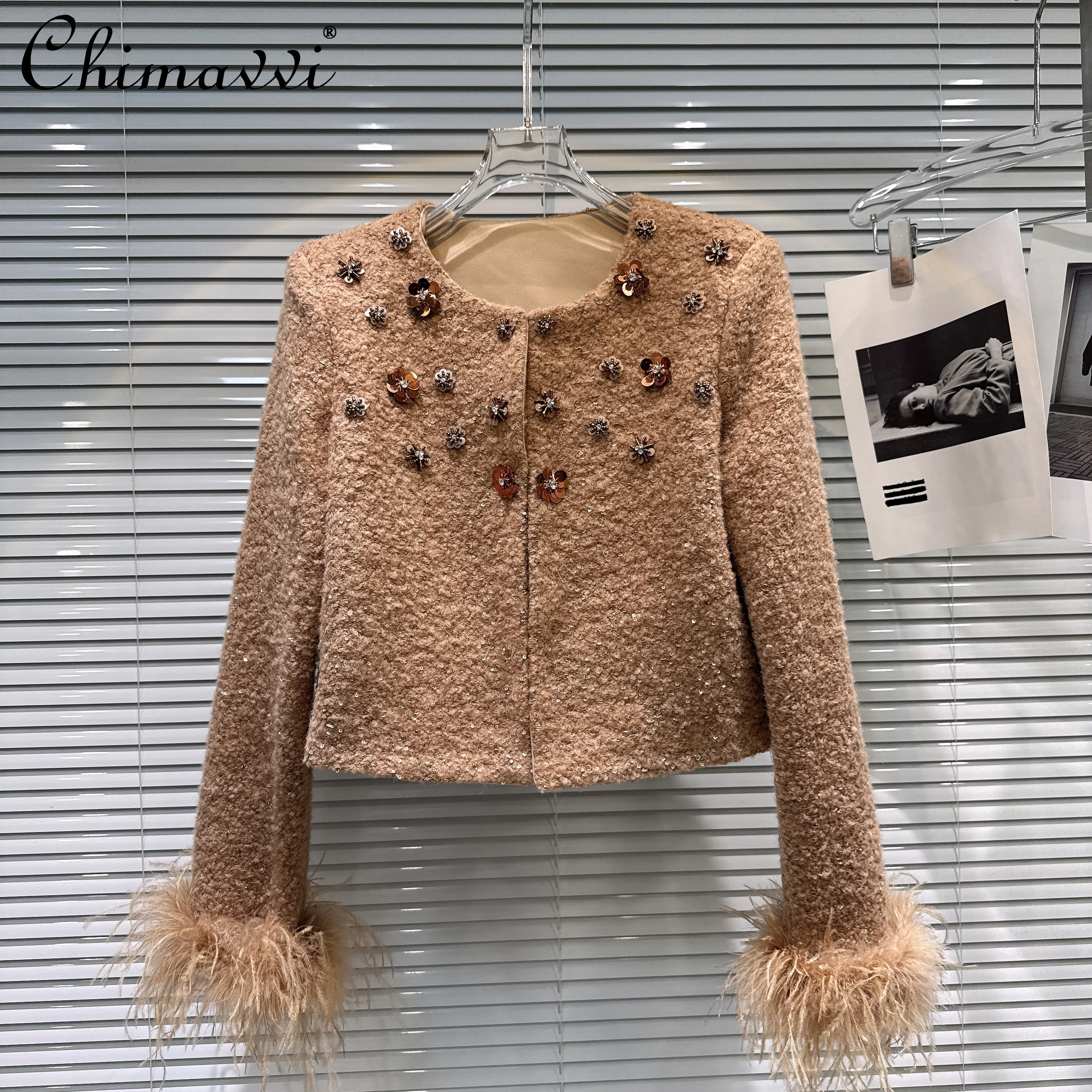 

French Elegant Fashion Socialite Heavy Industry Sequin Flower Feather Long Sleeve Single-Breasted Woolen Short Jackets for Women