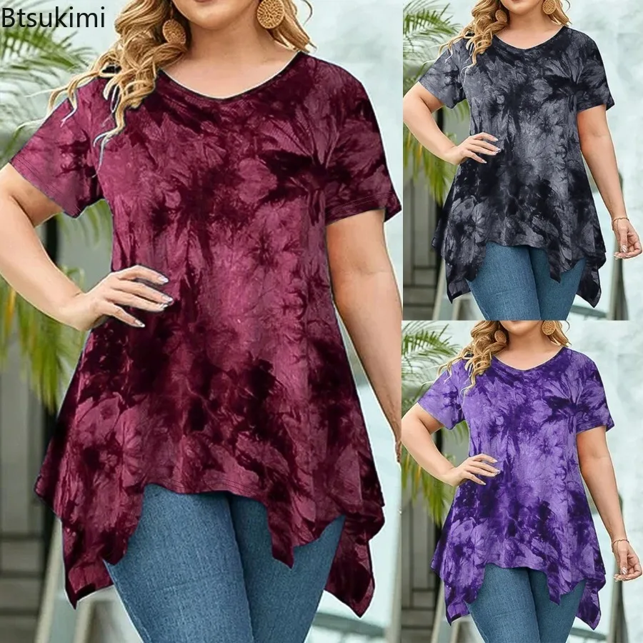 

2025 Women's Summer Tie Dye Short Sleeve T-shirt Casual V-Neck Irregularity Tops Ladies Loose Red Purple Shirt Plus Size Tops