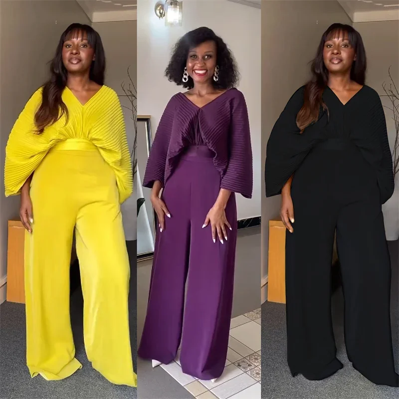 Solid Elegant Night Party Club Birhtday Outfit Women 2 Piece Set Loose Batwing Sleeve Pleat Top and Wide Leg Pants Matching Sets