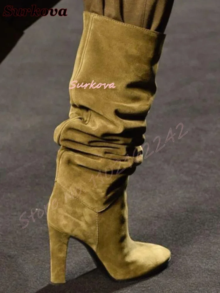 Retro Pleated Slip On Modern Boots Round Toe Thick Heel Winter Knee-High Boots Fashion Catwalk Dress Newest Long Boots Spring 46 view 3