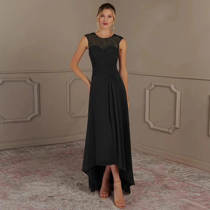 

Black Lace Sleeveless Mother of the Bride Dress High - Low Hem Evening Dress A-line Long Prom Dress for Wedding Guest Dress