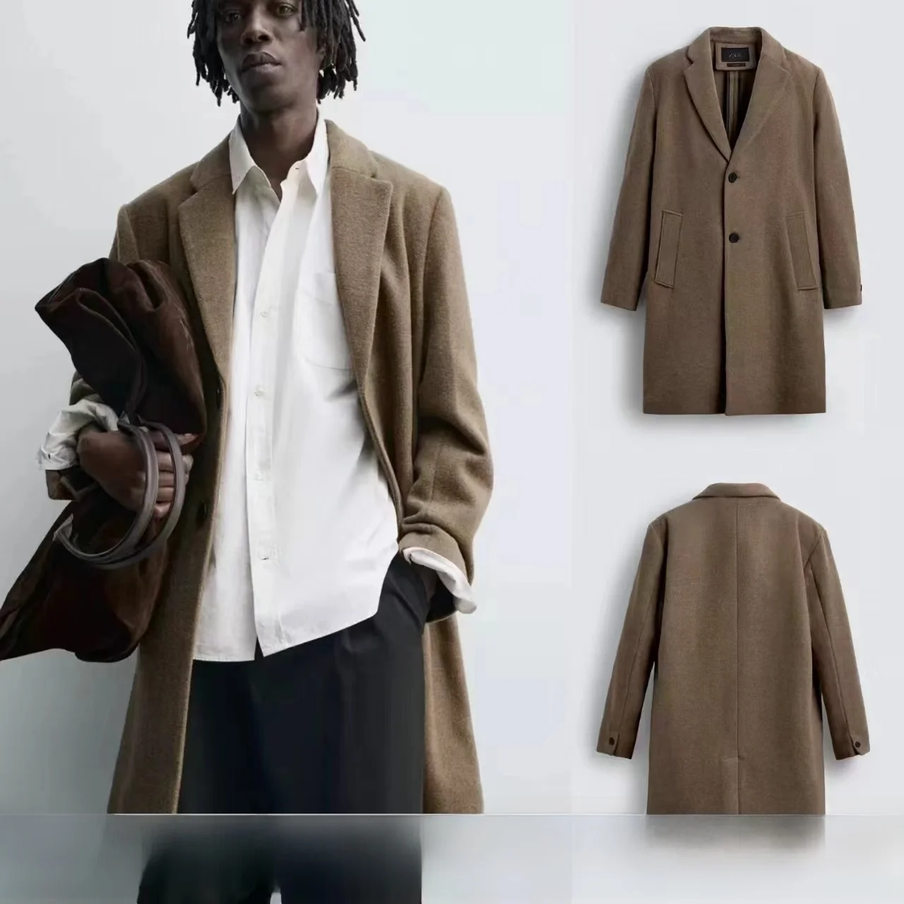 

New Men's Woolen Straight Leg Coat Long Sve Busin Casual Sle Mid-Length Single Button Closure Pure Color Spring Autumn