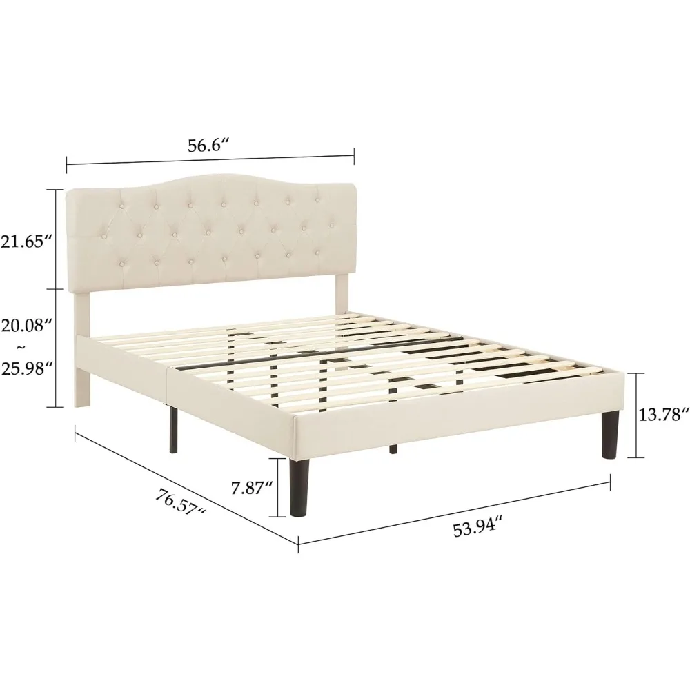 Full Size Bed Frame Upholstered Platform with Tufted Adjustable Headboard/Mattress Foundation with Wood Slat Support, Bed Frame