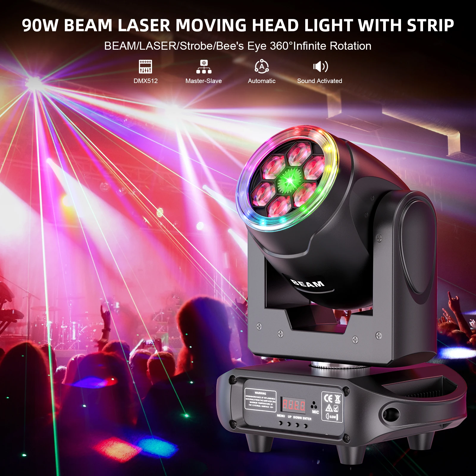 Yiflamefly 90W RGBW Moving Head Light with Bee's Eye 360° Rotation Halo Strip DMX512 Voice Control for Wedding Party and Ball