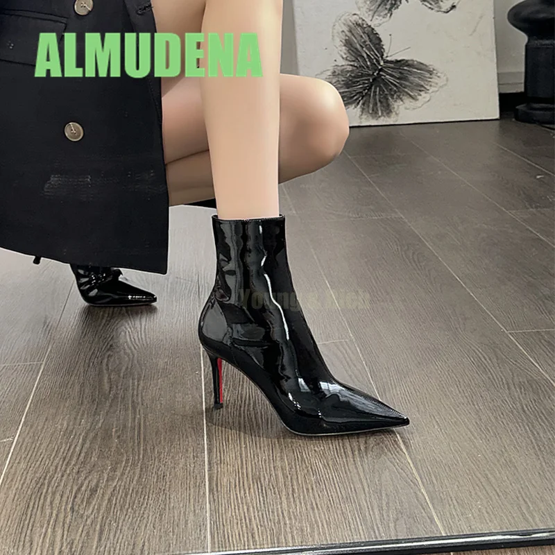 Black Short Boots for Women In Autumn and Winter Patent Leather Thin Heels Pointed Pointed Thin Boots Sexy High Heels Boots