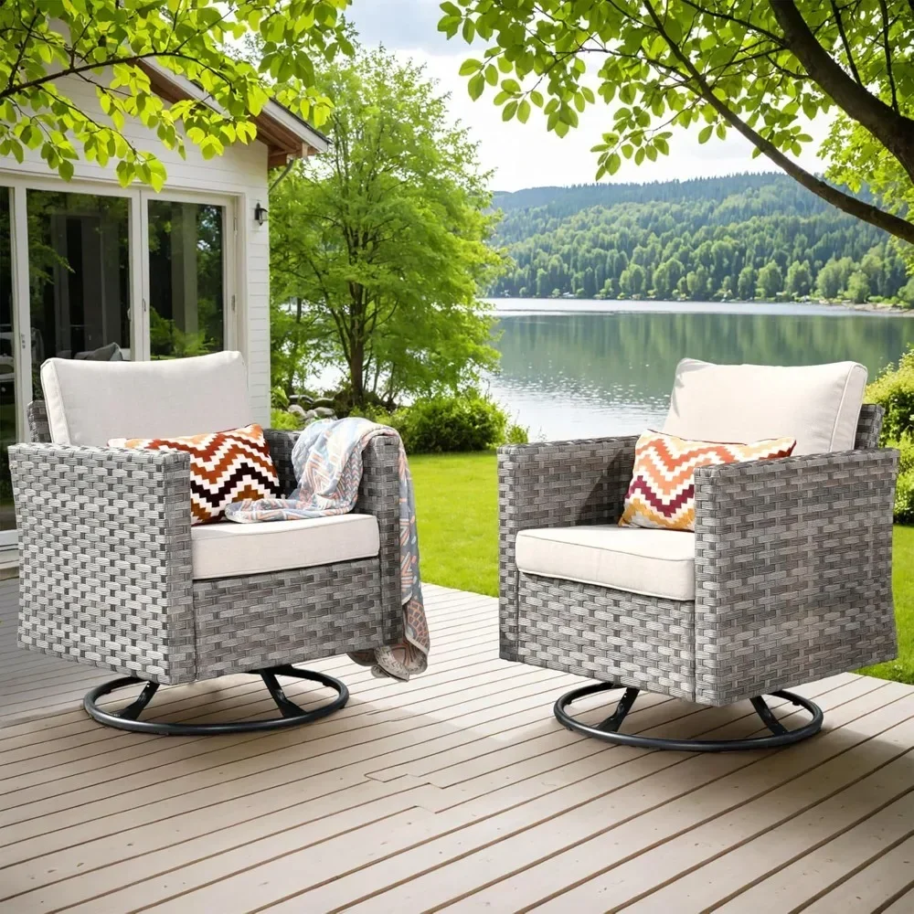 2Pieces Patio Rocking Chairs Set,Outdoor Wicker Rattan Chairs of 2 with Comfortable Cushions and Deep Seat for Porch Garden Deck