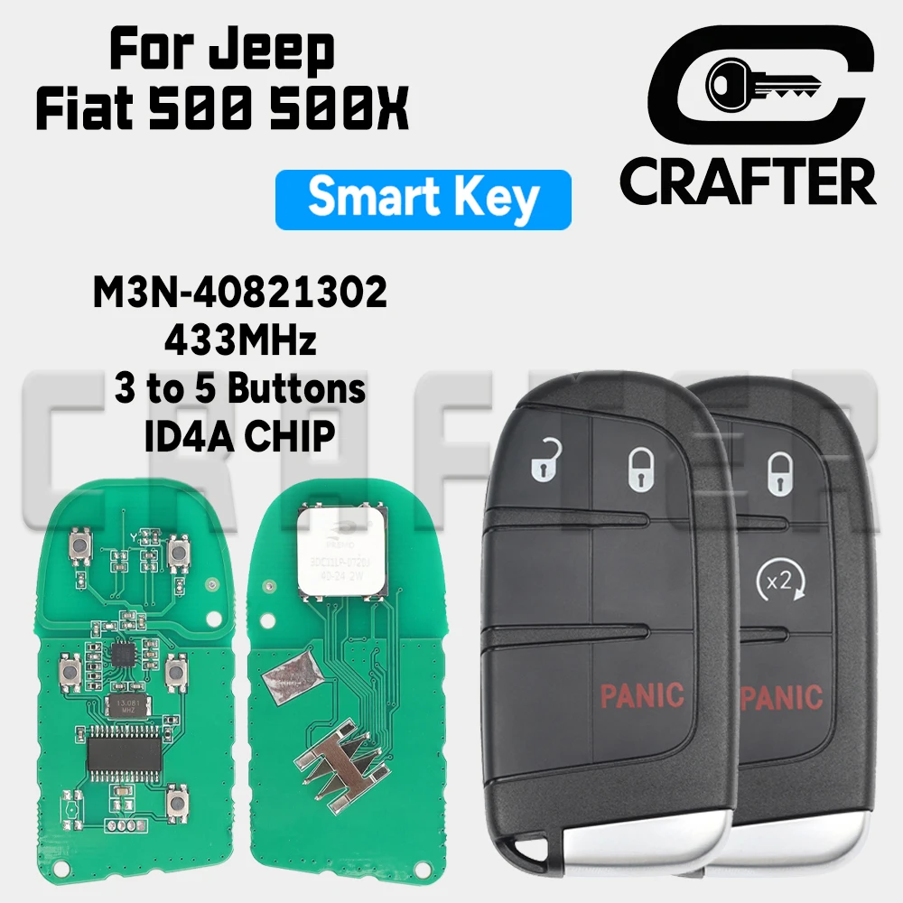 Key Crafters M3N-40821302 ID4A CHIP 433MHz Smart Car Key For Jeep Compass Renegade Fiat 500 500X 500L Keyless Go Blade SIP22