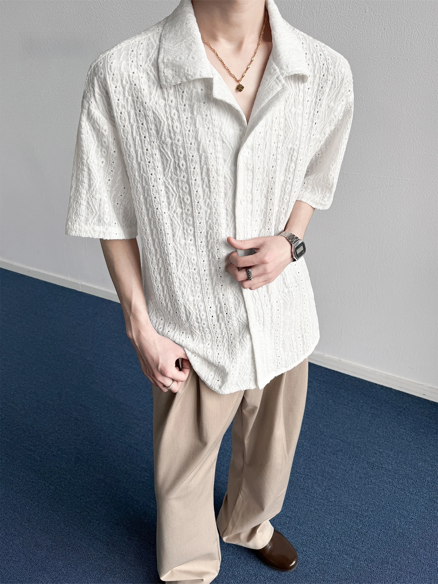 

Hawaiian Hollow Cuban Collar Men's irt American Retro Beach Coast Outerwear ort Sve Casual Sle Polyester Fiber