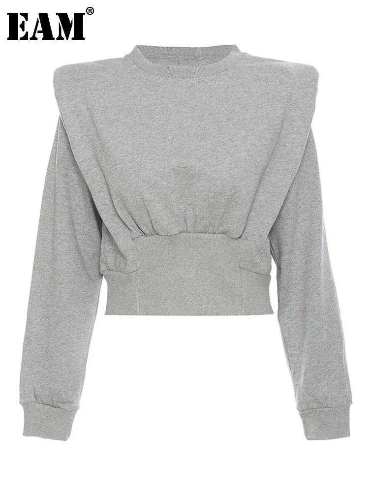 [EAM] Loose Fit Gray Pleated Shaped Sweatshirt New Round Neck Long Sleeve Women Big Size Fashion Tide Spring Autumn 2024 1DF5202