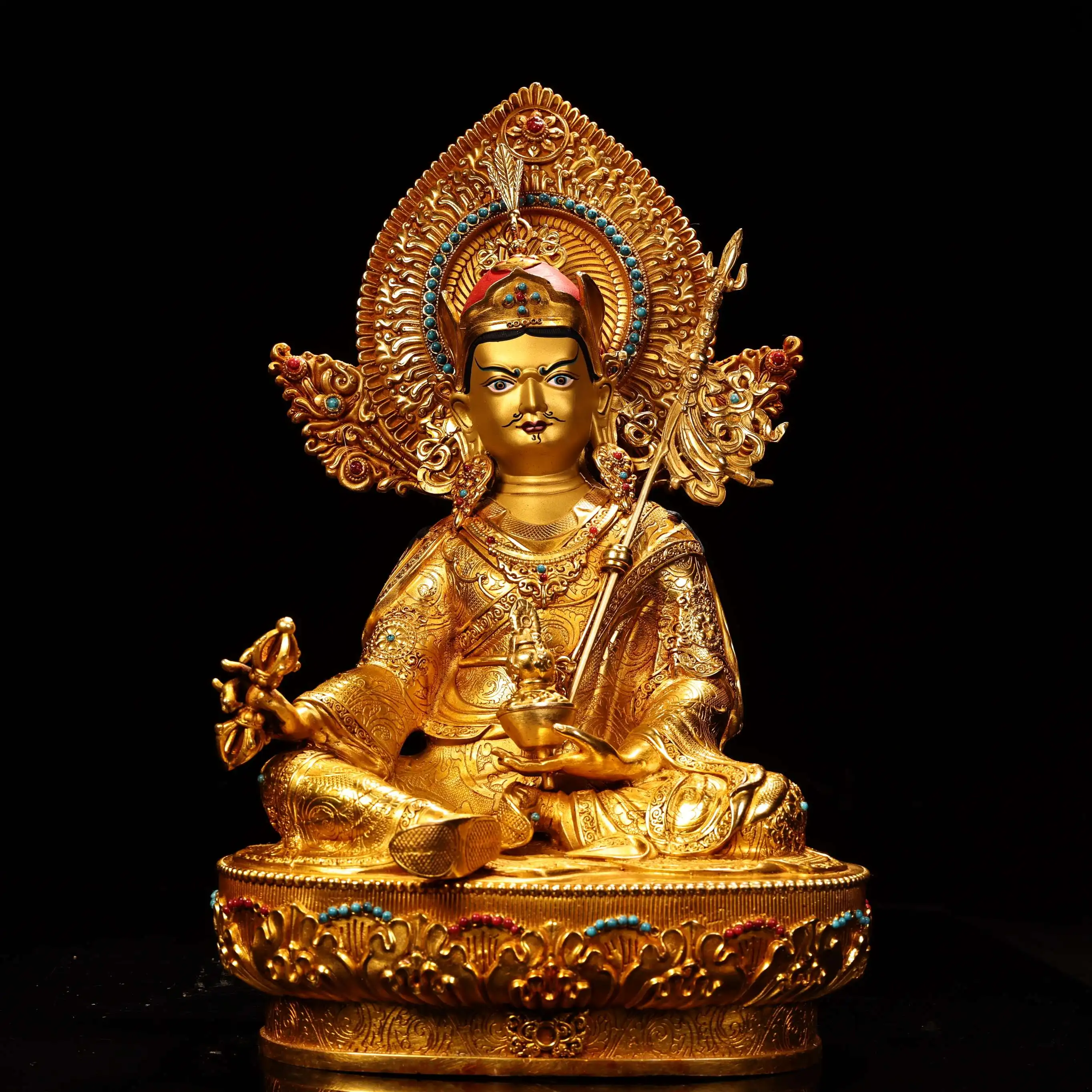 Nepalese folk Old Bronze Gilded High Relief Mosaic Gem Guru Rinpoche  Sitting Buddha Backlight Worship Hall