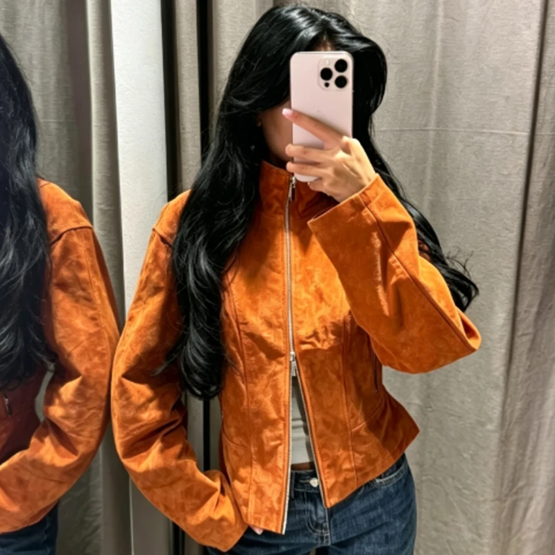 HXAO Damen-Jacke aus Kunstwildleder, kurze Jacke, Herbst 2026, modisch, orange, langärmelig, Stehkragen, Reißverschluss, schmale Passform, schicke Oberbekleidung, Top – Detail 6