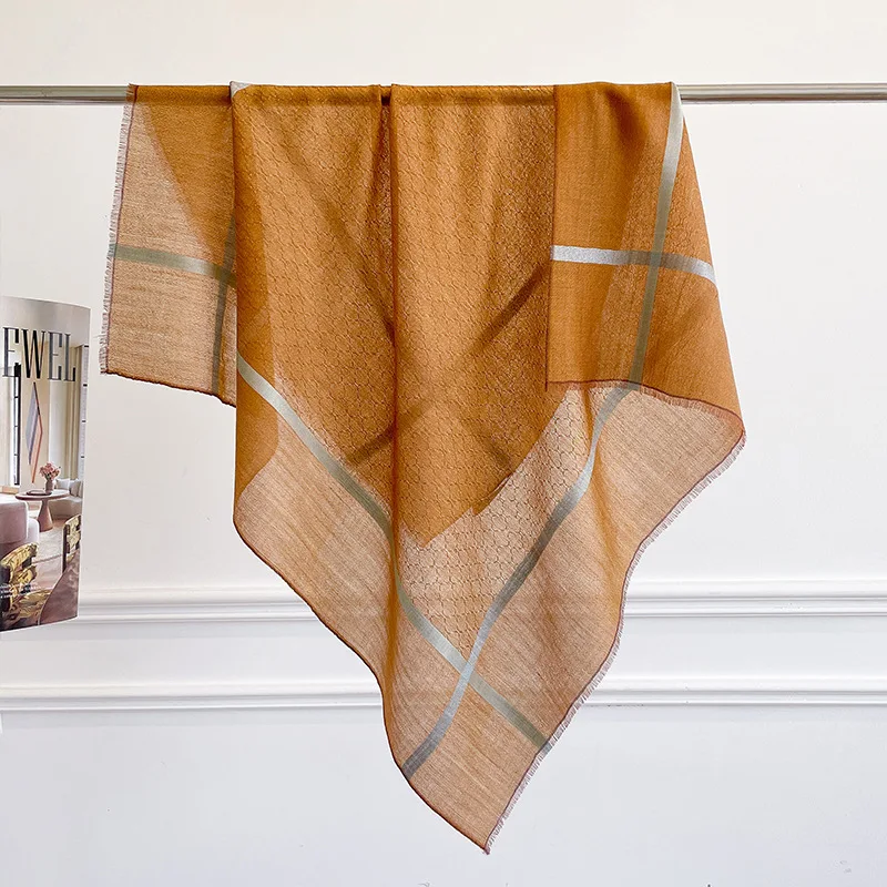 100% PURE CASHMERE Square Shawl Pale Sage Green Diagonal Gold Grid Double Sided Bandana Women Minimalist Travel Luxury Gift view 2