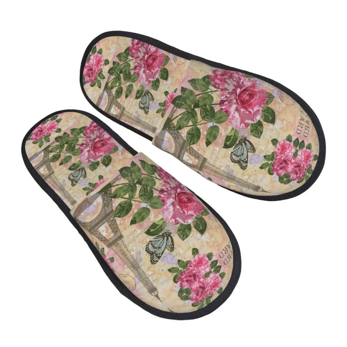 Zapatillas de espuma viscoelástica acogedoras de la Torre Eiffel de París de Francia personalizadas, zapatos de casa de Hotel rosa con flores para mujer