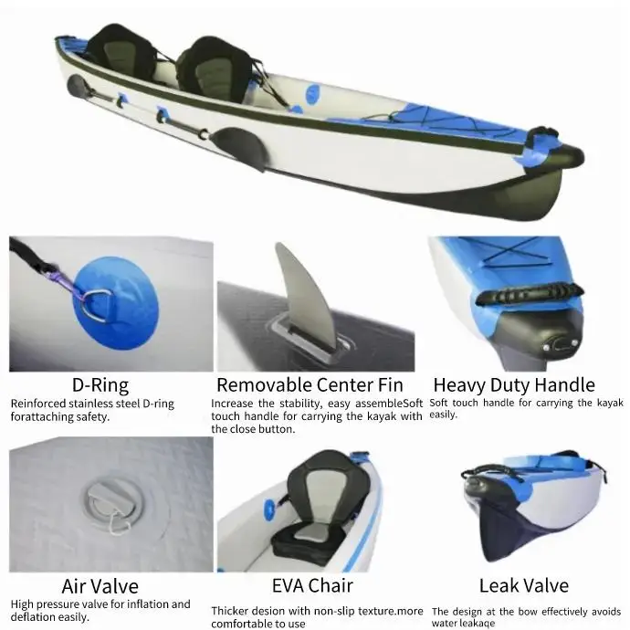 كاياك قابل للنفخ بغرز متدلية لشخصين للتجول في صيد الأسماك، قوارب الكاياك العلوية لمياه المحيط الانجراف