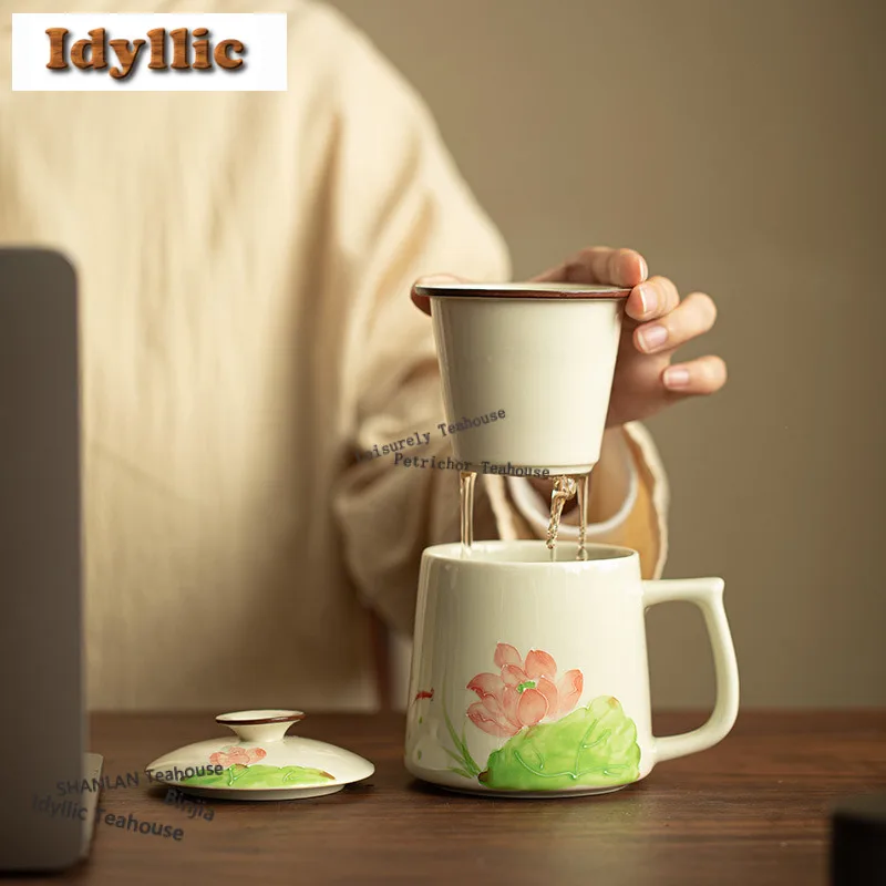 

350 мл Раскрашенная вручную чашка с фильтром лотоса, чашка-сепаратор для чая, роскошная чайная кружка с заварочным устройством, чашки для приготовления чая, офисная чашка для воды, чайные предметы