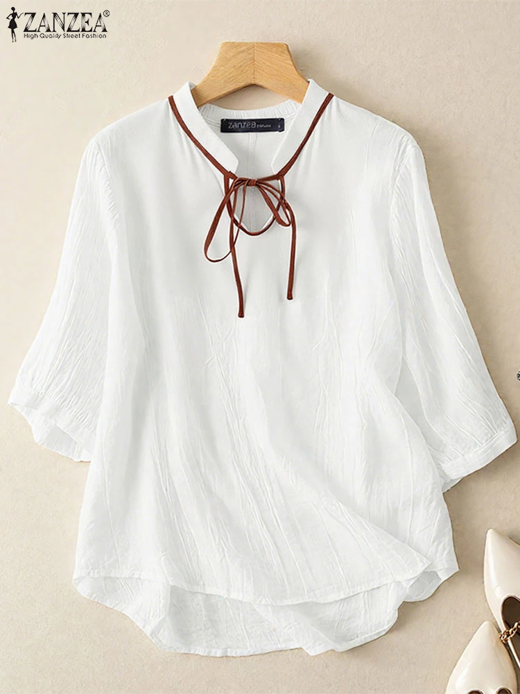 ZANZEA ผู้หญิง Crinkled Texture เสื้อ 2025 ฤดูใบไม้ร่วงแฟชั่น LACE-Up Mandarin COLLAR 3/4 Sleeve Blusas Mujer Elegant Solid Tops