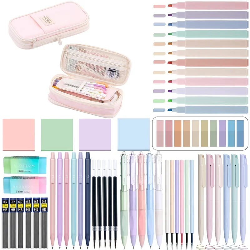 54点の学用品（大型ペンケース、ボールペン5本、パステル蛍光ペン12本、黒インクゲルペン5本、シャープペンシル6本付き）