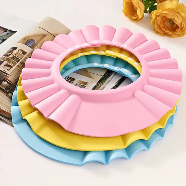 Blue Adjustable Waterproof Baby Shower Hat Ultra-Light Eva Elastic Snap Buttons Suitable Baby Head Girth Above 40Cm Bath Shower