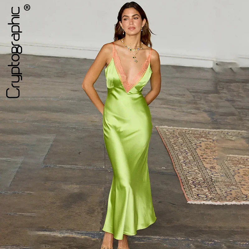 

Cryptographic Spaghetti Strap Lace Trim Deep V Neck Dress for Women Outfits Sleeveless Satin Slip Dresses Birthday Gown Clubwear