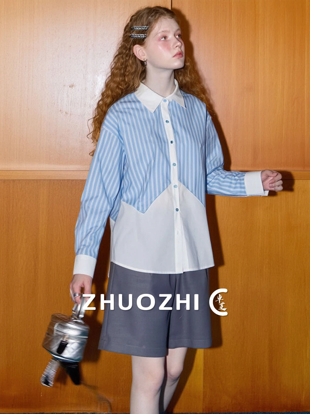

ZhuoZhi French Sle Long Sve Striped Patchwork Fake Two-Piece irt Women Spring New Turn-down Collar Anti-aging Top
