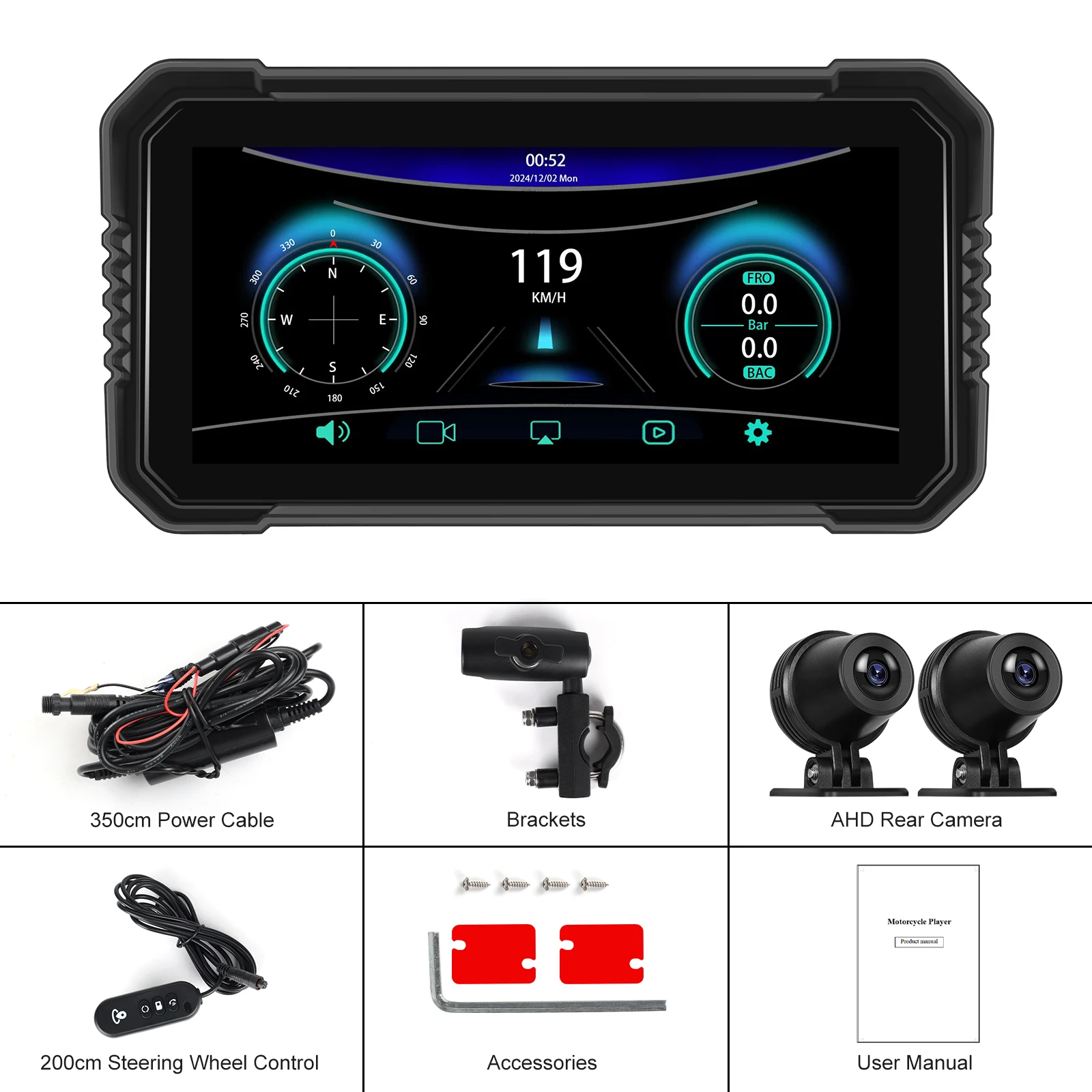 Podofo 6.2 Inch Portable Screen Motorcycle Carplay/Android Auto BT WiFi  IP68 Waterproof with 2 Cameras BSD ODM Customization