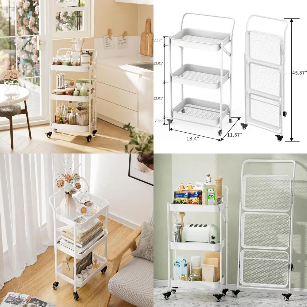 

3-х уровневая складная металлическая тележка с колесами для хранения на кухне, белье и в ванной комнате (белая)