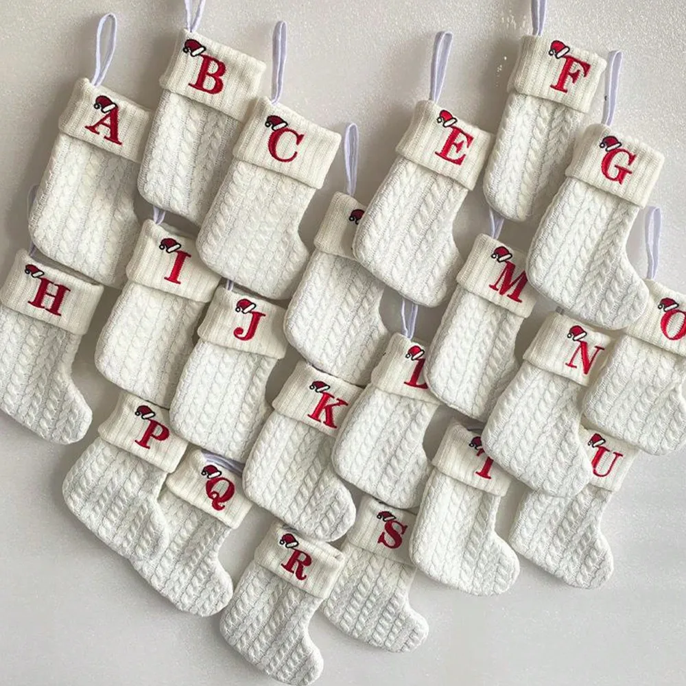 1PC A-Z Letter Hanging Christmas Stockings Knitted Socks  Christmas Tree Hanging for Family Party Decoration