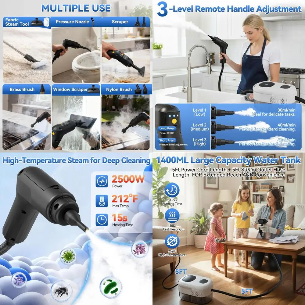 

Portable 2500W High-Pressure Steam Cleaner with 15s Heat-Up, 1.4L Tank, 3-Level Handle, 14 Accessories for Home, Car, Furniture,