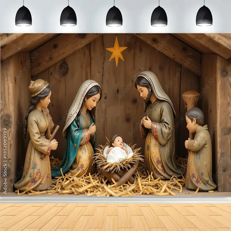 Manger Nativity Scene Background Mary Joseph Baby Jesus in a Rustic Sunset Shepherds Prayer Faith Photography Backdrops JU-03