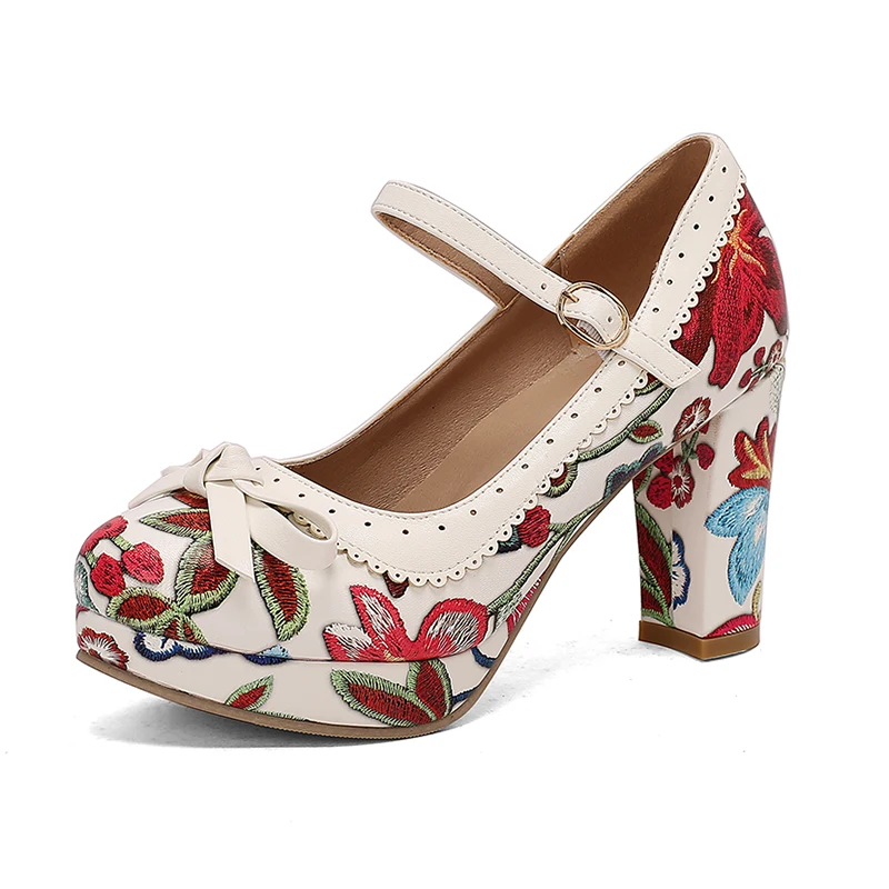 Plus Size 44 45 Printed Lotus Leaf Edge Bow Shallow Mouth Women's Pumps Buckle Strap Flower Platform High Heels Lady Party Shoes