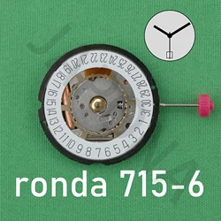 ronda 715 movement 715-6 movement normtech 3 hands quartz movement with date at 6 11½''' Swiss movement