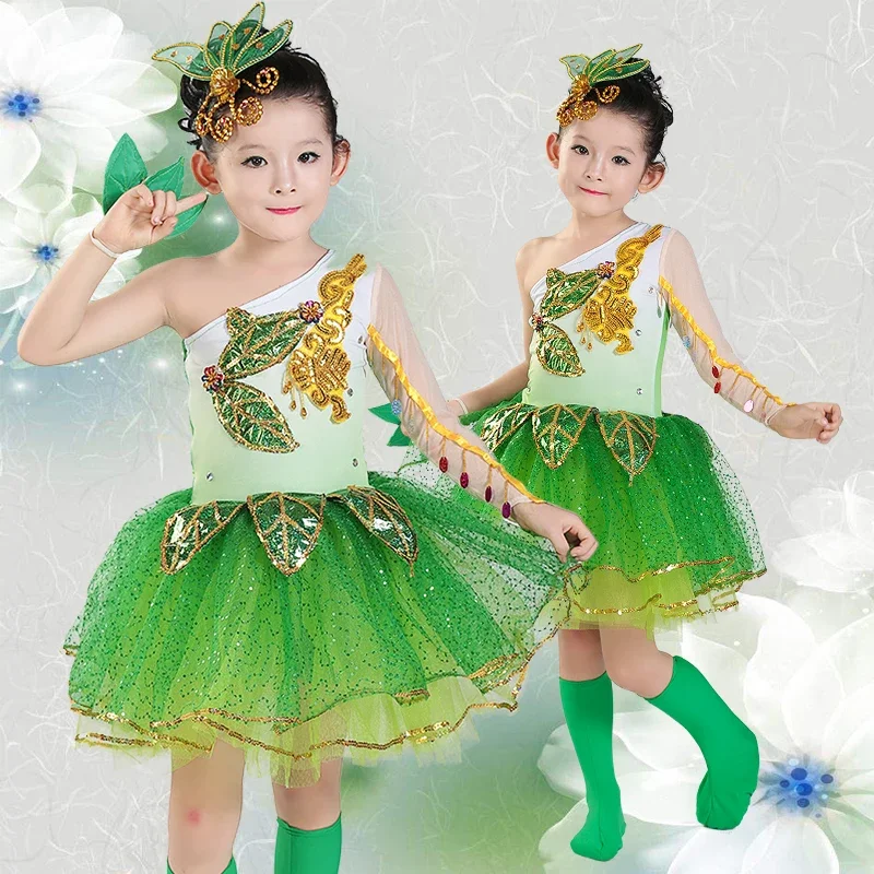 New girls chorus clothes Chunxiao costume jasmine dance clothes green princess dress toddler net yarn tutu skirt