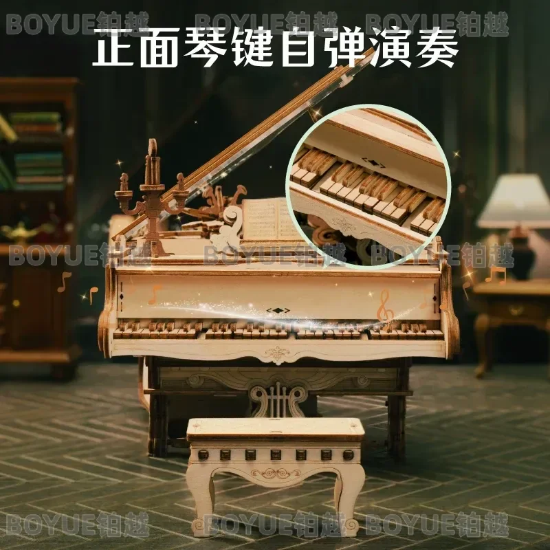 Wooden 3D Puzzle Music Box Piano Model DIY Assembly Kit Handmade Mechanical Building Blocks Creative Gift for Adults